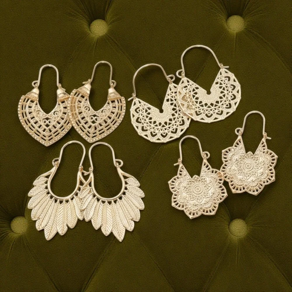 4 Pcs‎ New Gold Native Boho Aztec Patina Earrings Hoop Tribal Ornate Rustic